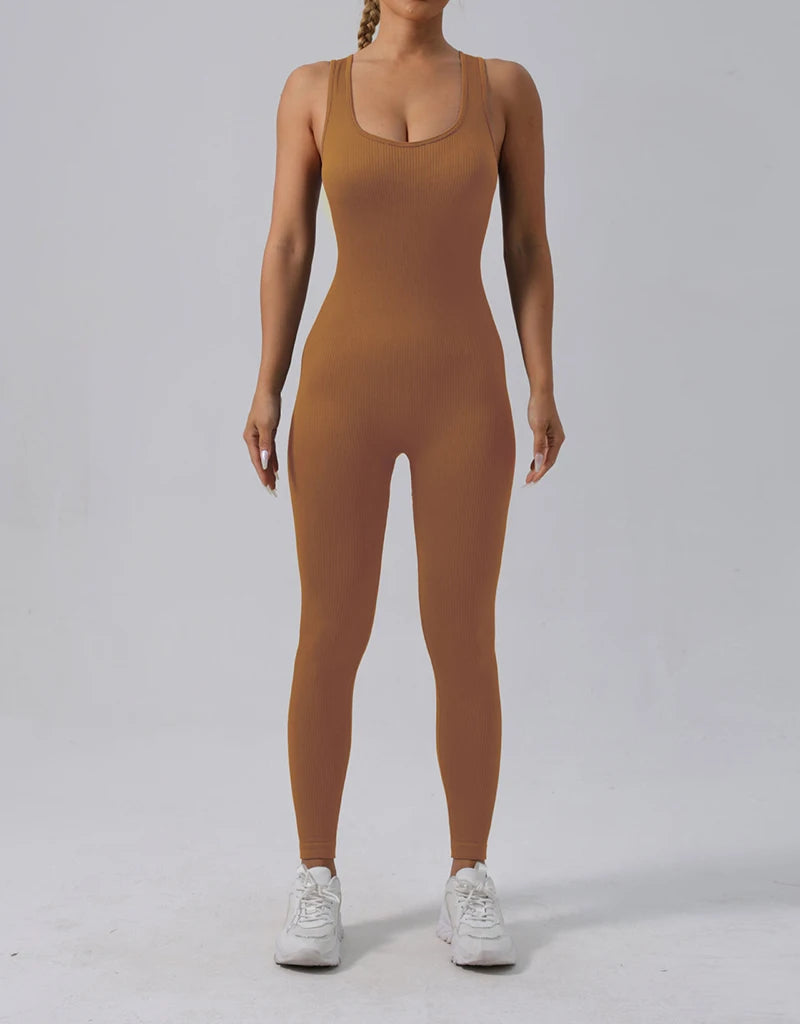 Combinaison de Yoga Femme Sans Coutures - Tenue de Sport Une Pièce Sans Manches pour Fitness et Gym