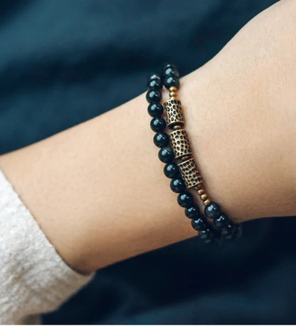 Bracelet Double Rang Obsidienne et Laiton Martelé – Unisexe, du 15 au 22 cm