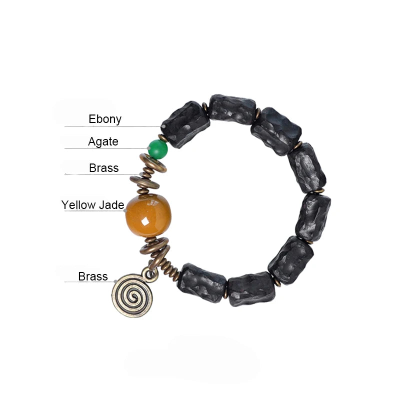 Bracelet Ébène Sculptée et Agate de Gobi – Breloque en Cuivre, Bijou de Couple