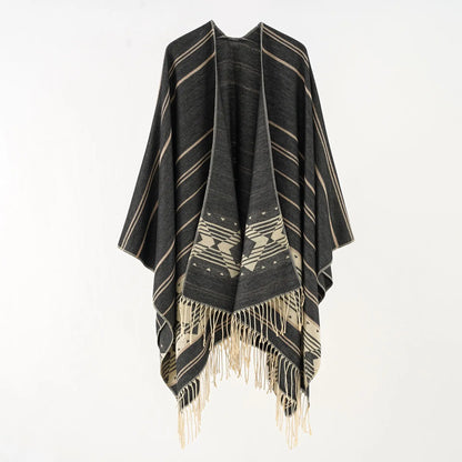 Poncho Éthnique à Franges avec Motifs Géométriques