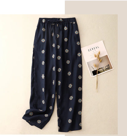 "Hanami" Pantalon femme en coton et lin imprimé | Taille haute, cordon ajustable, style décontracté été