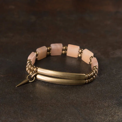 Bracelet Double Rang Quartz Rose Carré et Laiton Vintage – Cadeau pour Femme