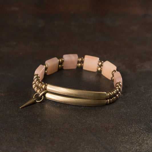 Bracelet Double Rang Quartz Rose Carré et Laiton Vintage – Cadeau pour Femme