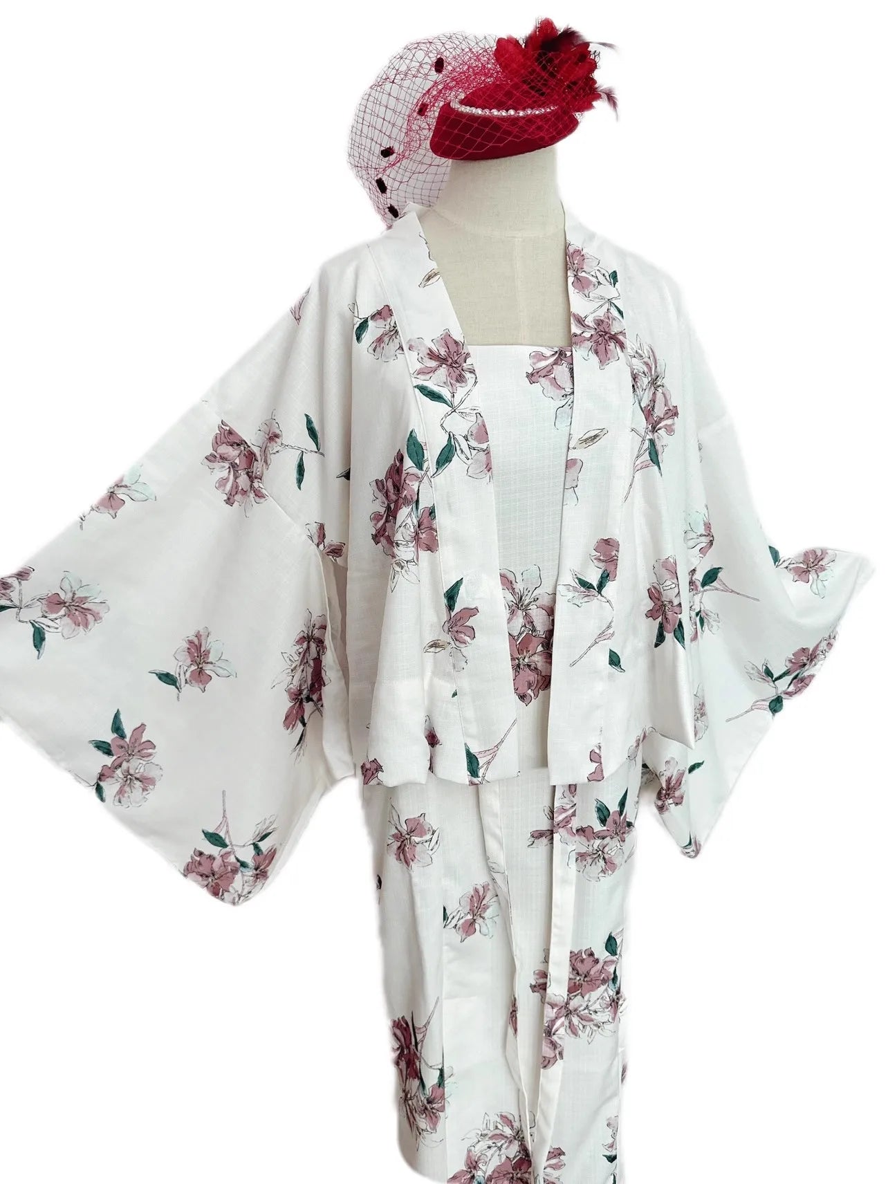 Yukata Deux Pièces Blanc et Rose Floral | Kimono Japonais d'Été Doux et Raffiné