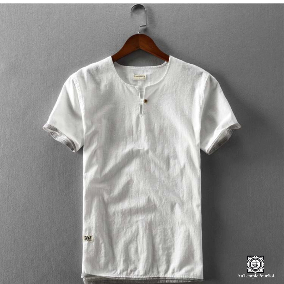 T-Shirt en lin chemise en lin homme blanc col mao mode durable