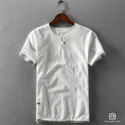 T-Shirt en lin chemise en lin homme blanc col mao