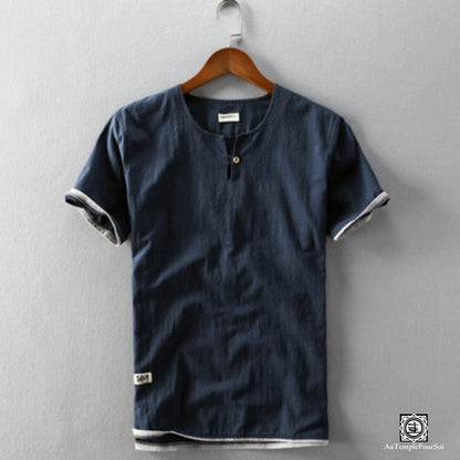 T-Shirt en lin chemise en lin homme bleu col mao été 