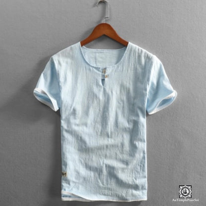 T-Shirt en lin chemise en lin homme bleu ciel col mao