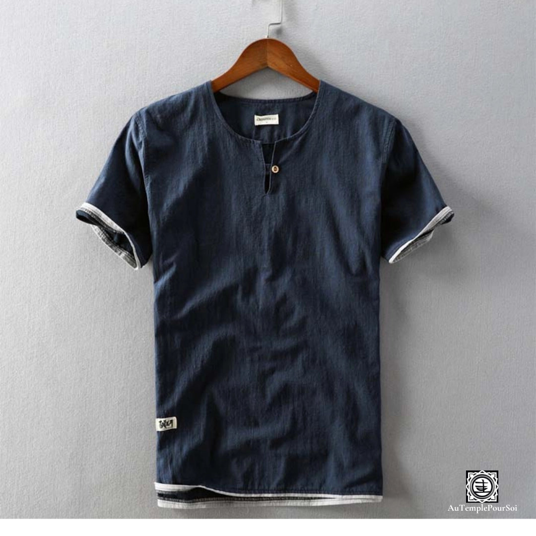 T-Shirt en lin chemise en lin homme bleu col mao été mode