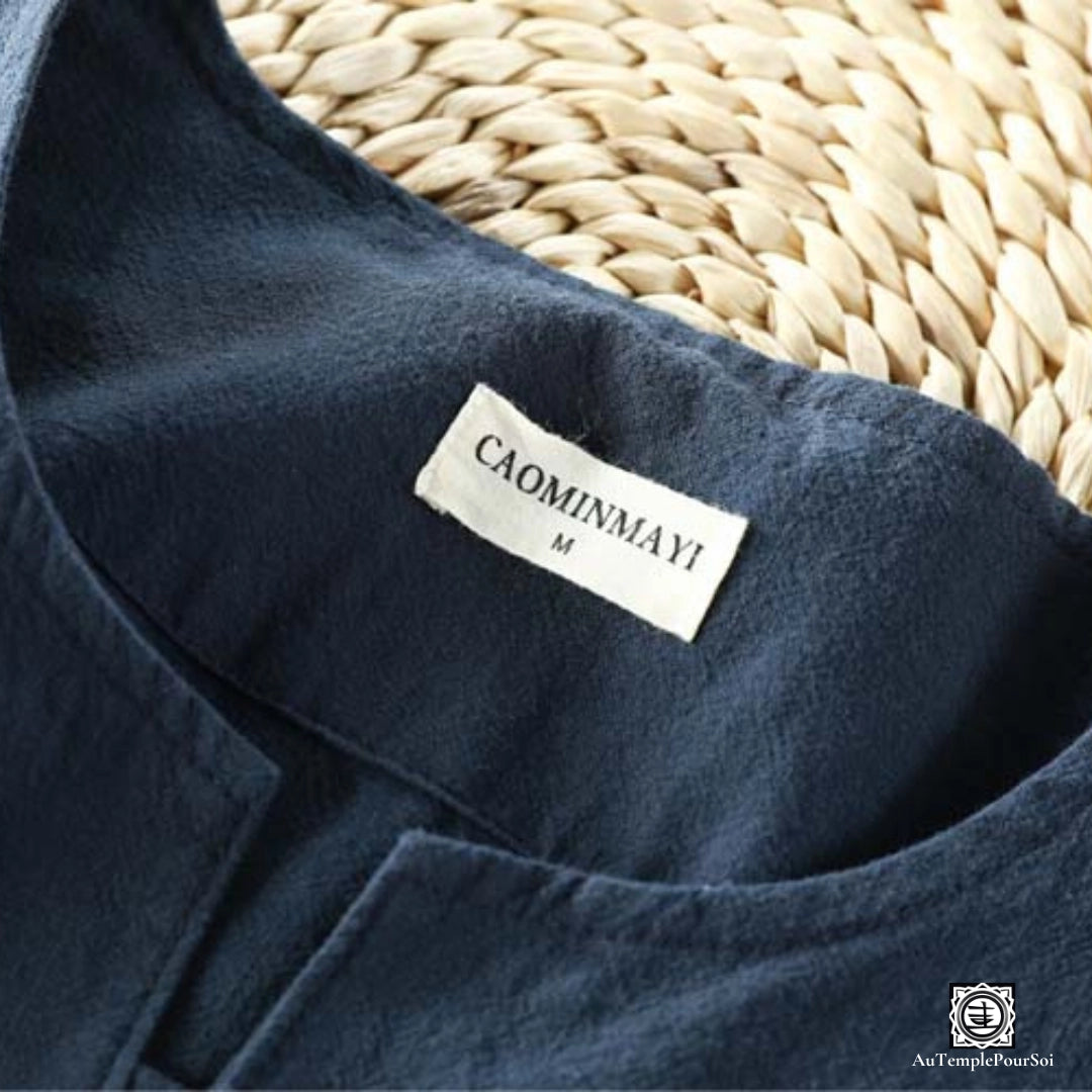 T-Shirt en lin chemise en lin homme bleu detail col mao