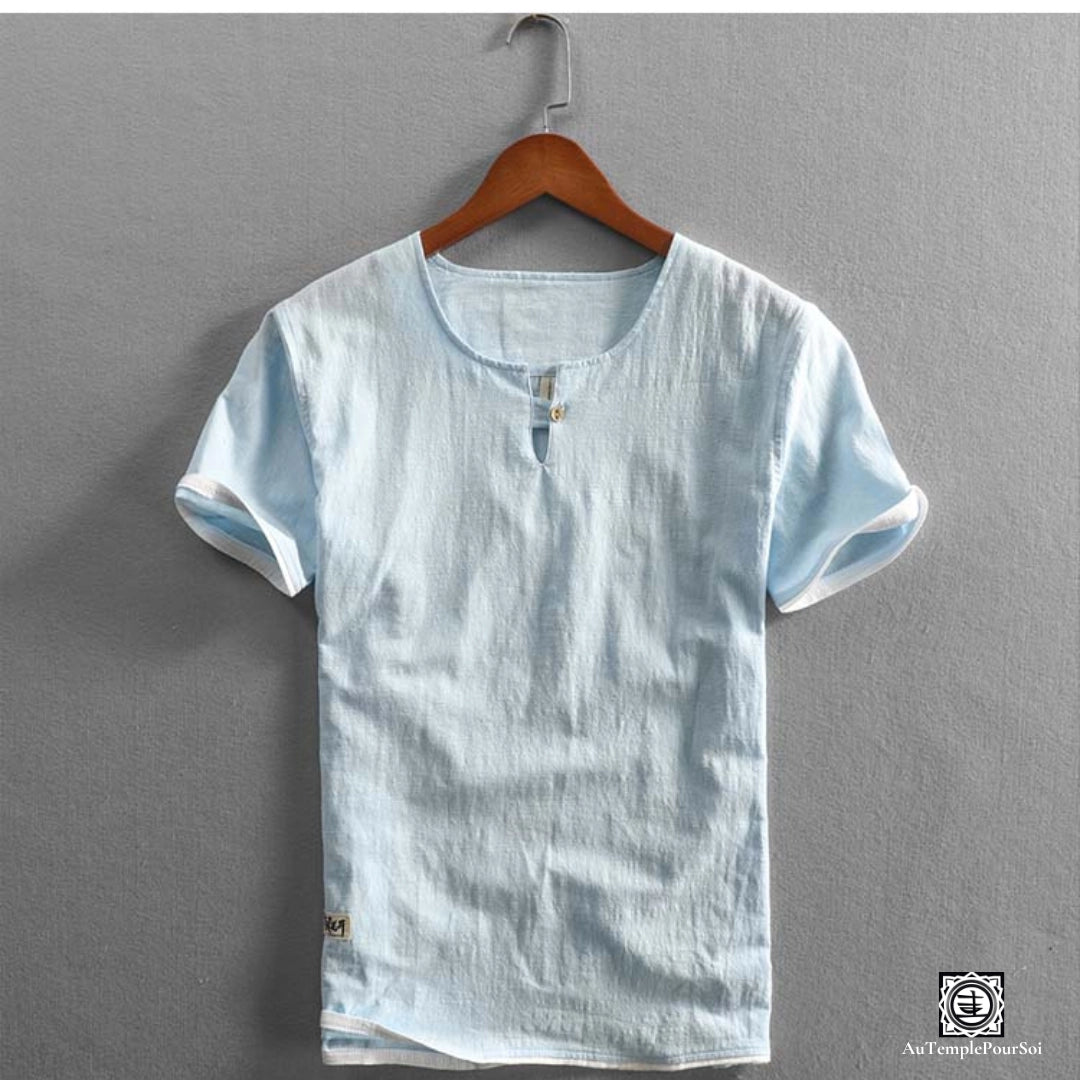 T-Shirt en lin chemise en lin homme bleu ciel col mao