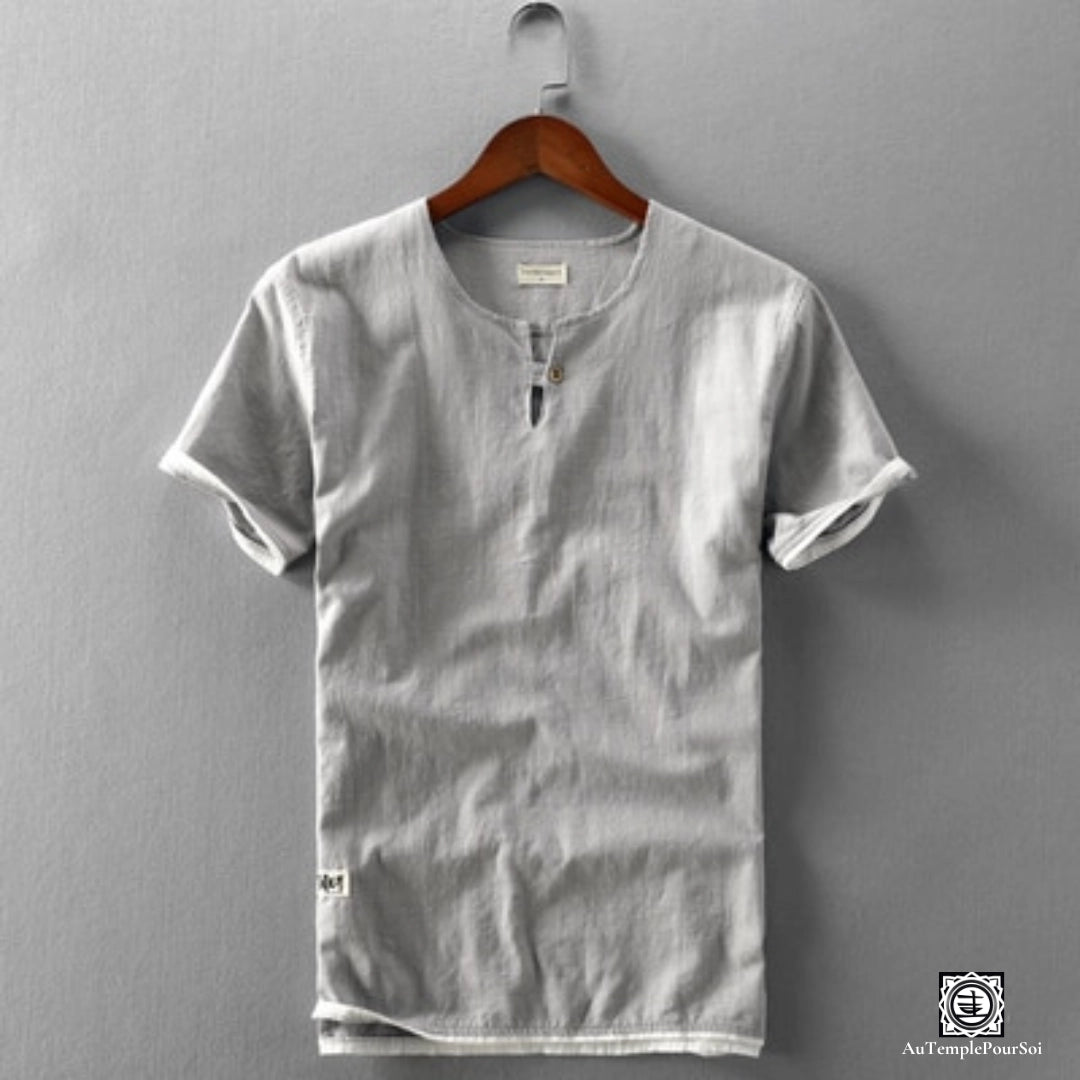 T-Shirt en lin chemise en lin homme gris col mao mode été