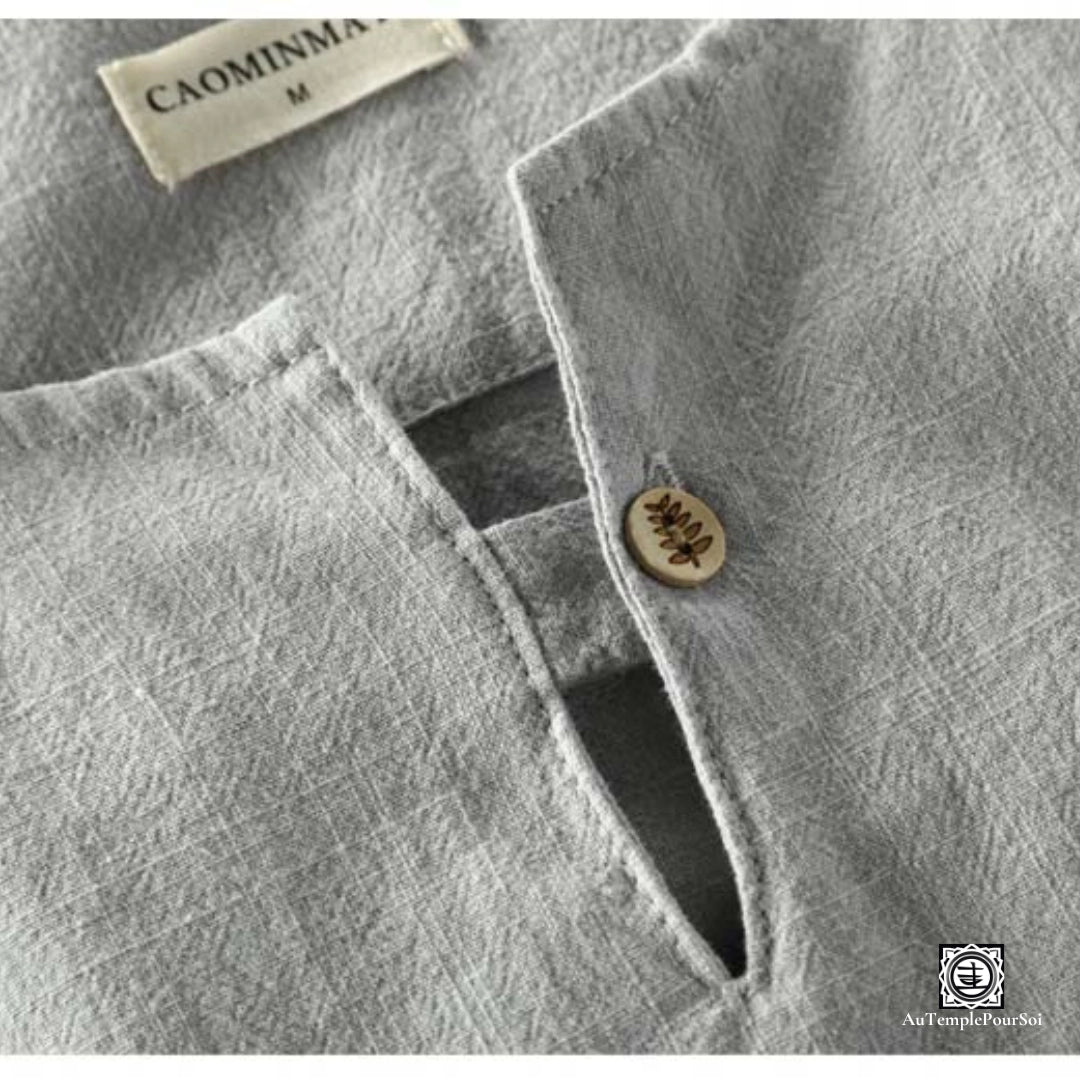 T-Shirt en lin chemise en lin homme gris detail col mao