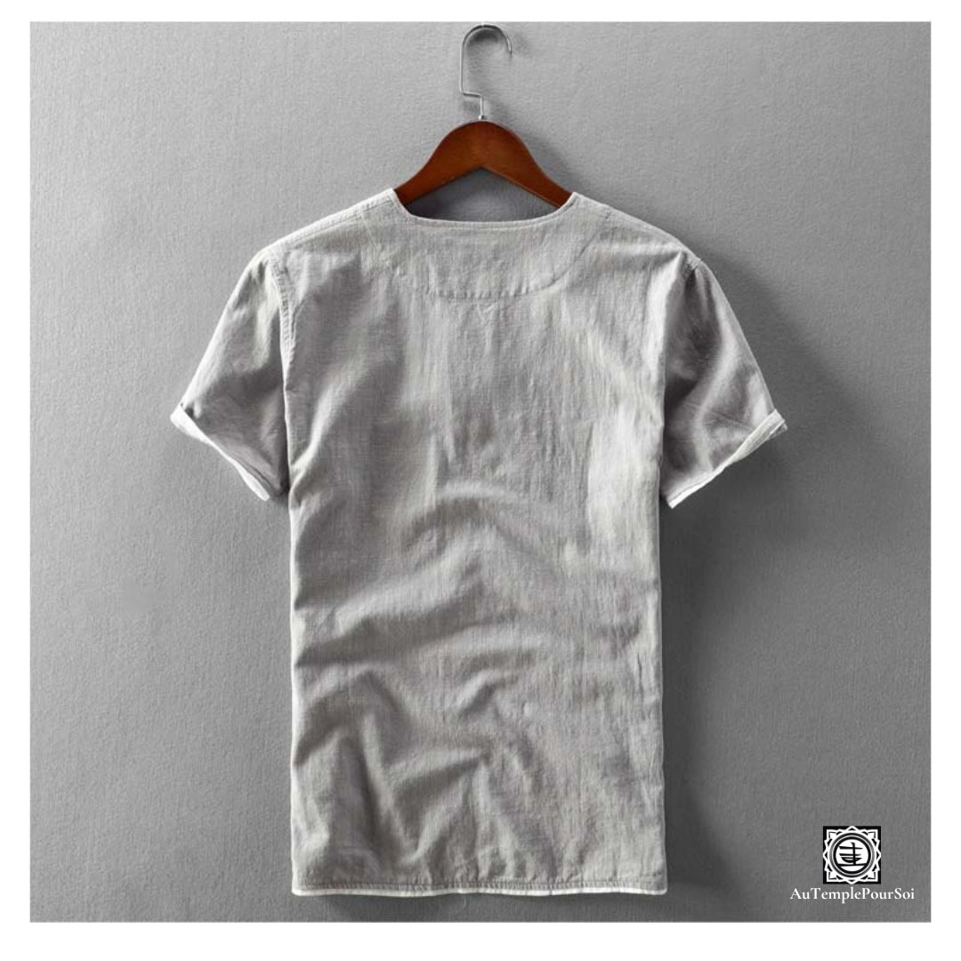 T-Shirt en lin chemise en lin homme gris col mao dos