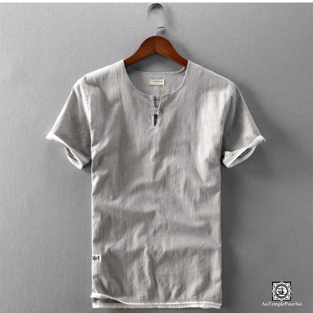 T-Shirt en lin chemise en lin homme gris col mao été mode