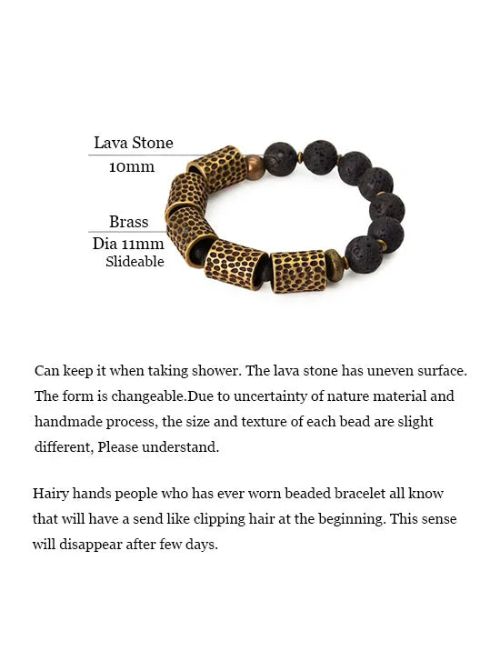 Bracelet Pierre de Lave et Tubes de Laiton Martelé – Style Rock Unisexe
