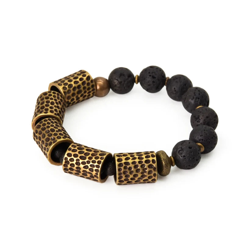 Bracelet Pierre de Lave et Tubes de Laiton Martelé – Style Rock Unisexe