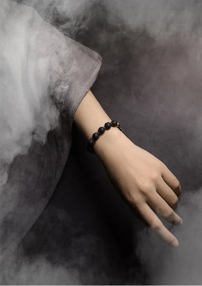 Bracelet Pierre de Lave et Tubes de Laiton Martelé – Style Rock Unisexe