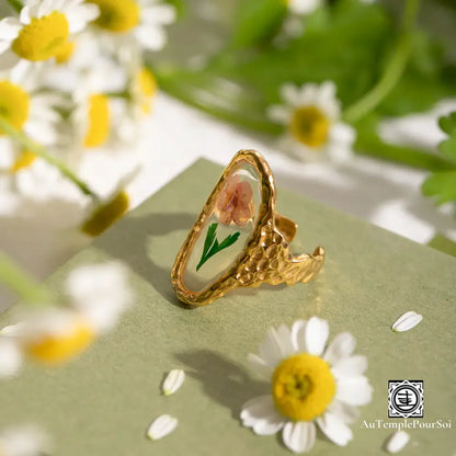 Bagues En Or Et Fleurs Naturelles - Collection Élégance Bohème Cœur Fleuri Bague