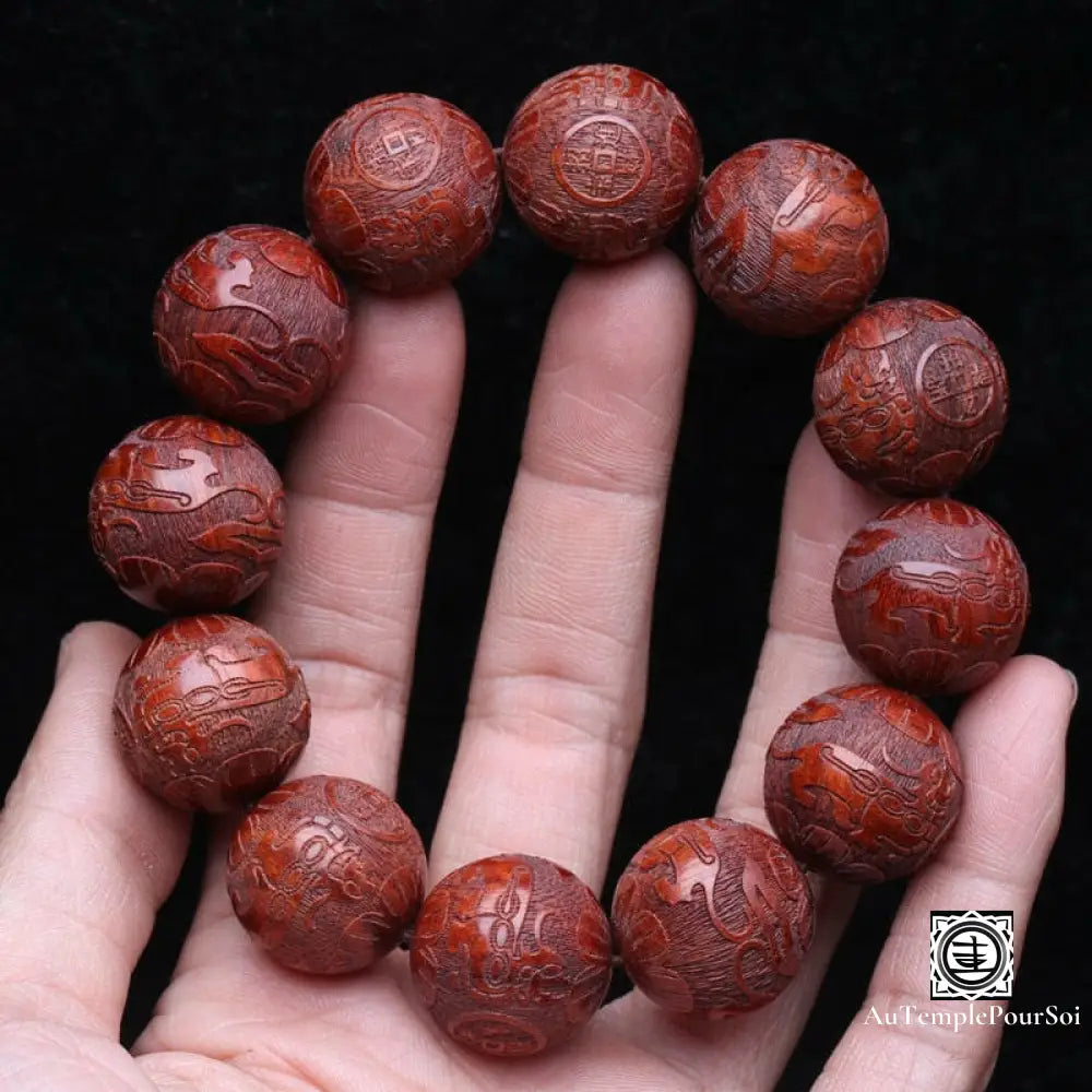 Bracelet De La ’Sagesse Animale’ En Bois Wengé Sculpté Rouge Orangé - 20Mm Bracelets