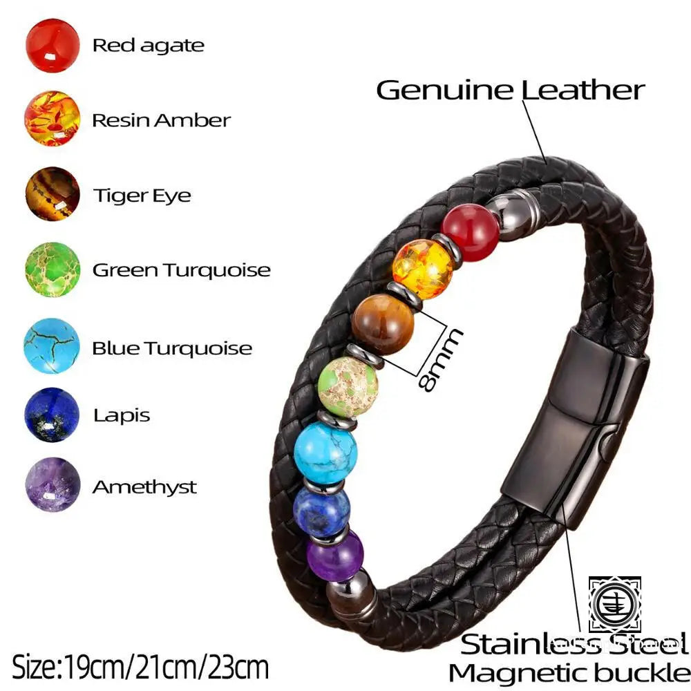 Bracelet Des 7 Chakras En Cuir Et Pierres Naturelles Bracelets