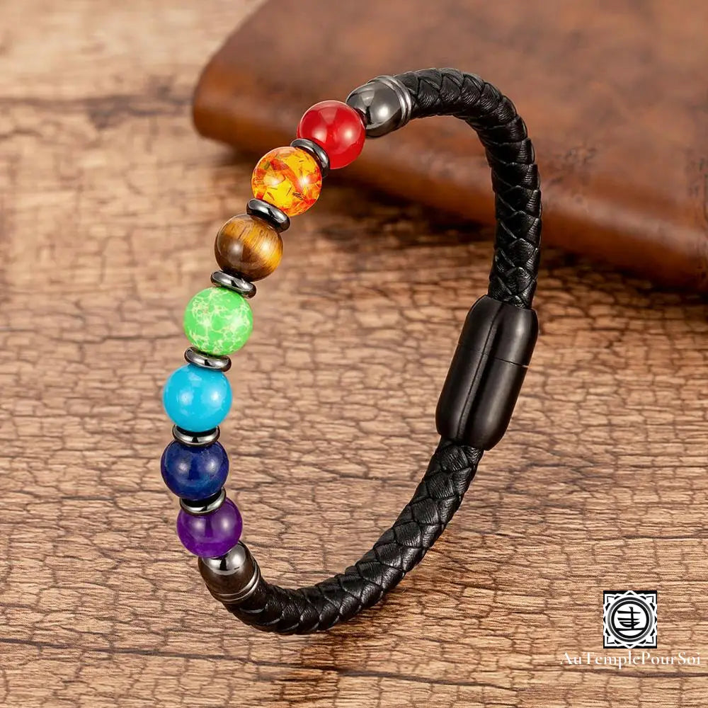 Bracelet Des 7 Chakras En Cuir Et Pierres Naturelles Cordon Rondelle - Noir / 19 Cm Bracelets