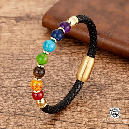 Bracelet Des 7 Chakras En Cuir Et Pierres Naturelles Cordon Rondelle - Or / 19 Cm Bracelets