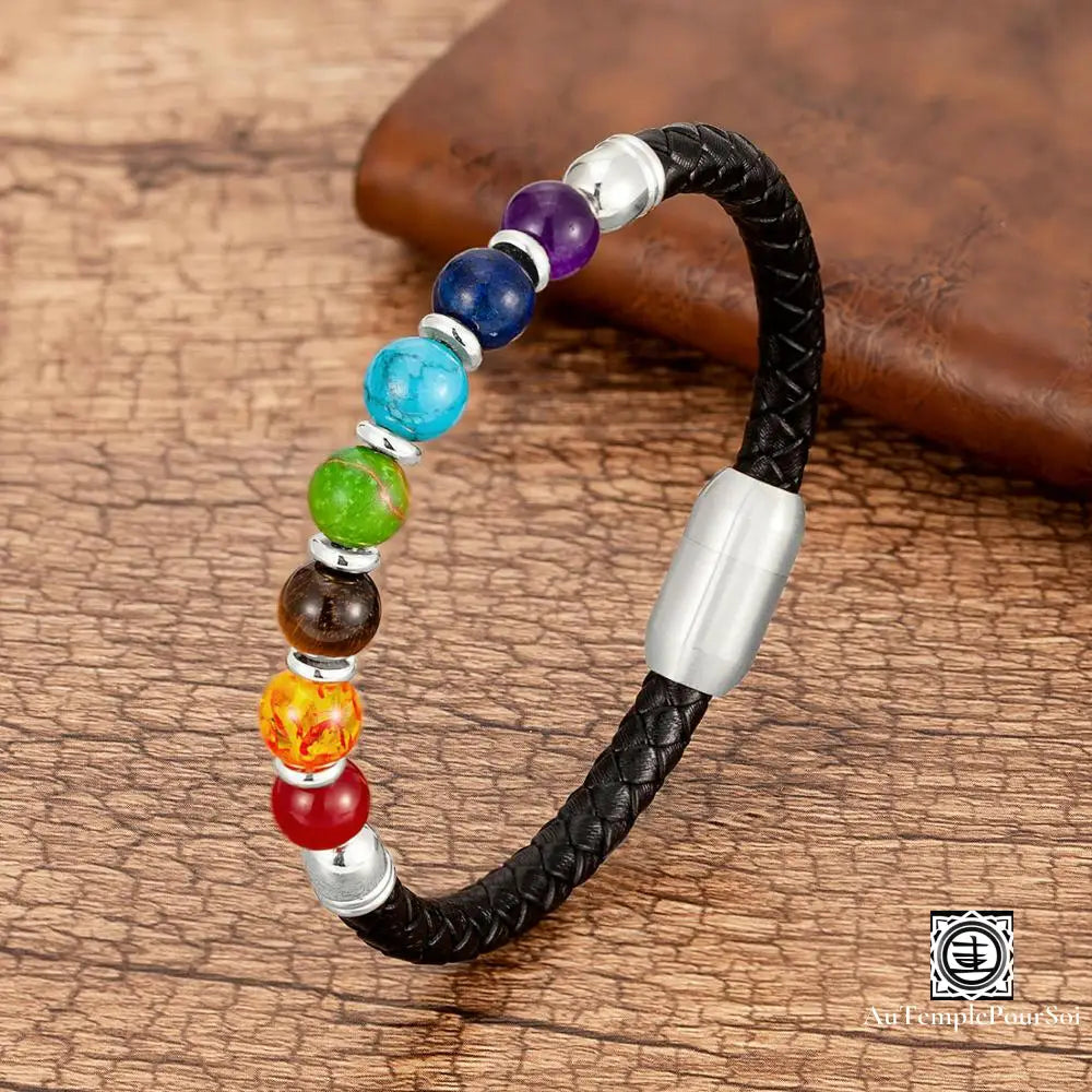 Bracelet Des 7 Chakras En Cuir Et Pierres Naturelles Cordon Rondelle - Silver / 19 Cm Bracelets