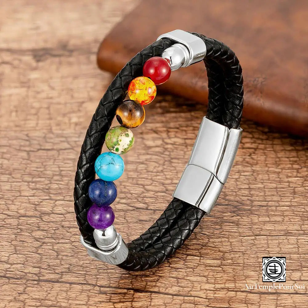 Bracelet Des 7 Chakras En Cuir Et Pierres Naturelles Double Cordon - Argent / 19 Cm Bracelets