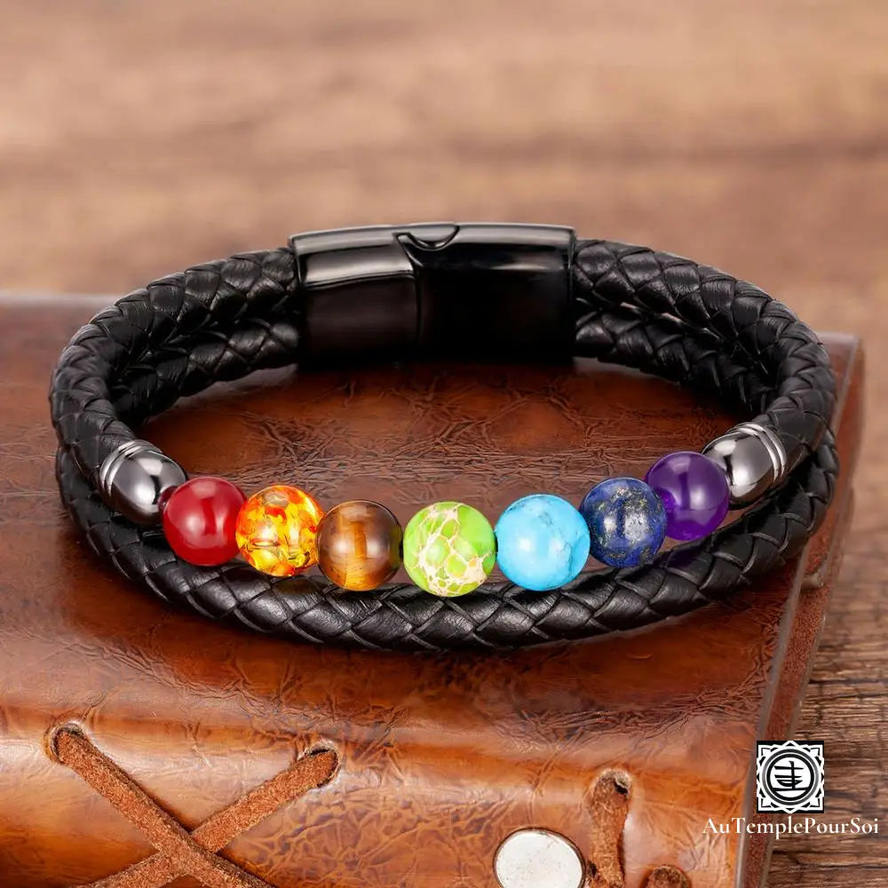 Bracelet Des 7 Chakras En Cuir Et Pierres Naturelles Double Cordon - Noir / 19 Cm Bracelets