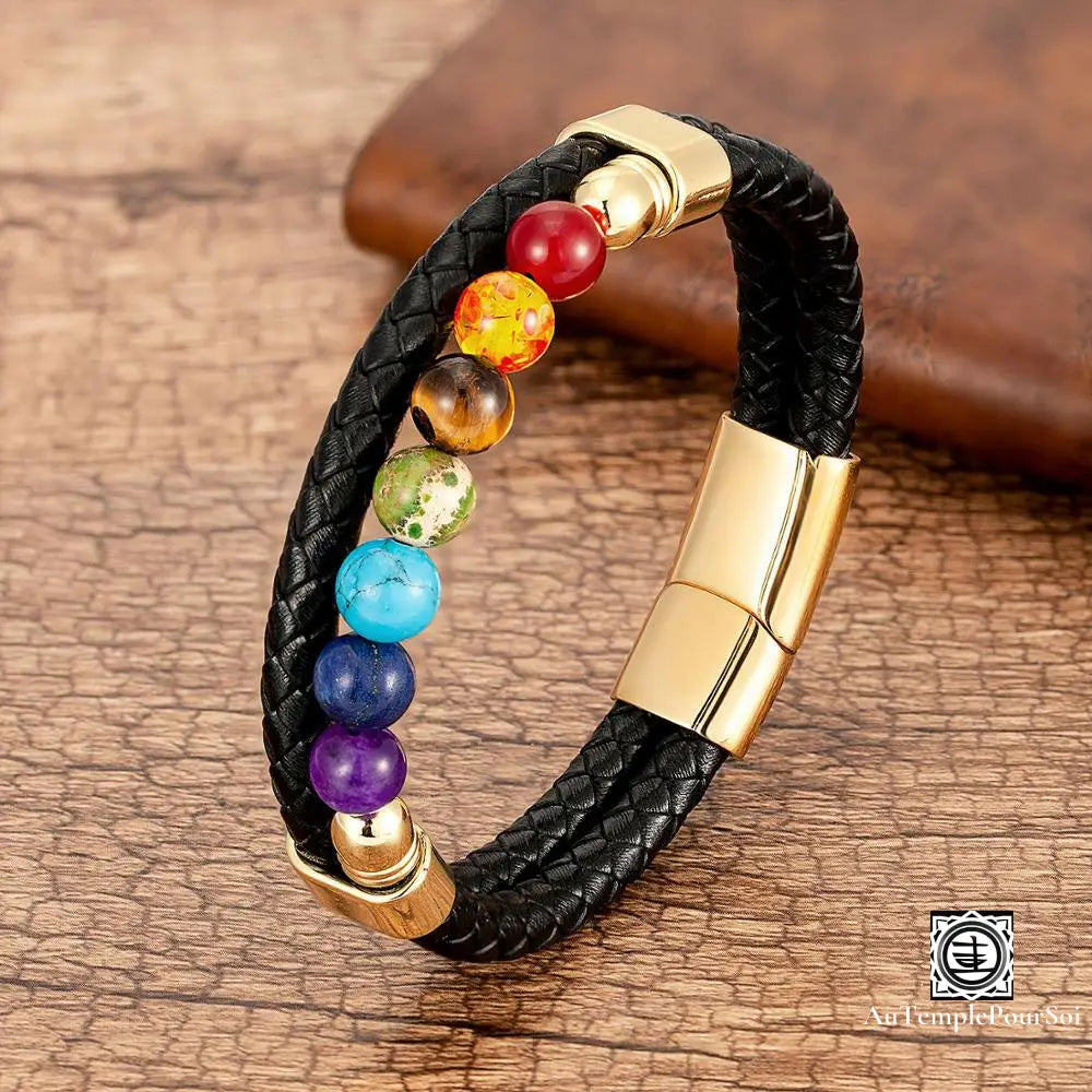 Bracelet Des 7 Chakras En Cuir Et Pierres Naturelles Double Cordon - Or / 19 Cm Bracelets