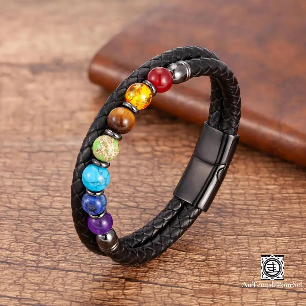 Bracelet Des 7 Chakras En Cuir Et Pierres Naturelles Double Cordon Rondelle - Noir / 19 Cm Bracelets