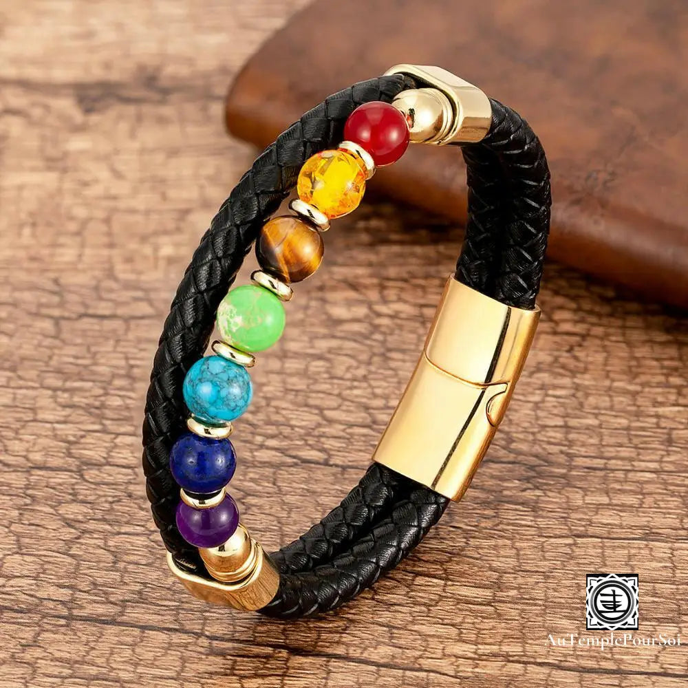 Bracelet Des 7 Chakras En Cuir Et Pierres Naturelles Double Cordon Rondelle - Or / 19 Cm Bracelets