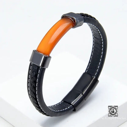 Bracelet en cuir tressé noir pour hommes, pierre naturelle de luxe, lithotherapie, bijoux