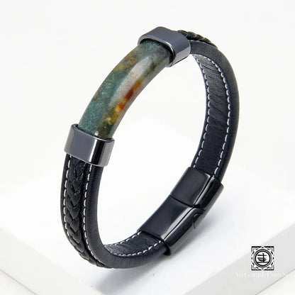 Bracelet en cuir tressé noir pour hommes, pierre naturelle de luxe, lithotherapie, bijoux