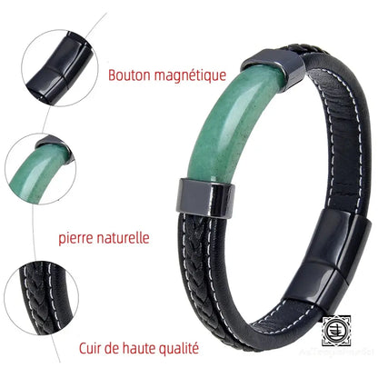 Bracelet en cuir tressé noir pour hommes, pierre naturelle de luxe, lithotherapie, bijoux