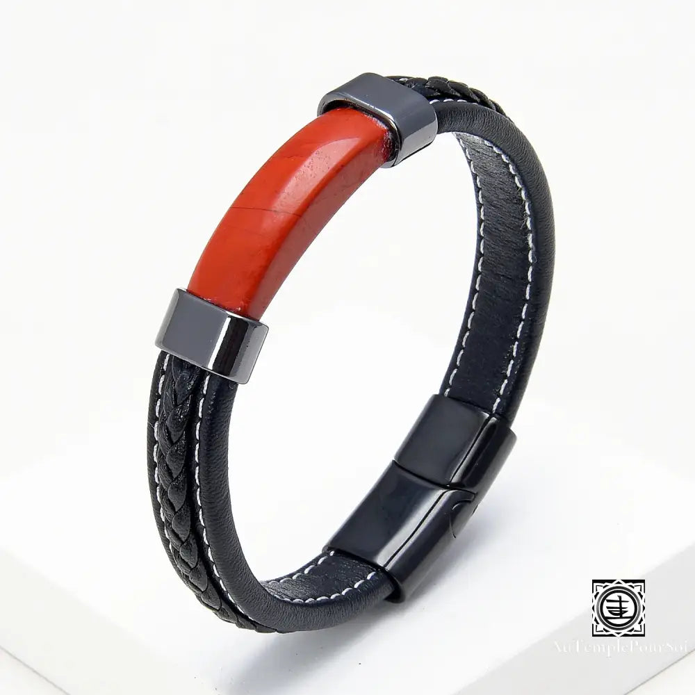 Bracelet en cuir tressé noir pour hommes, pierre naturelle de luxe, lithotherapie, bijoux