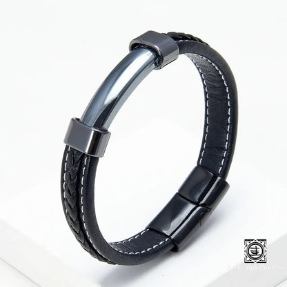 Bracelet en cuir tressé noir pour hommes, pierre naturelle de luxe, lithotherapie, bijoux