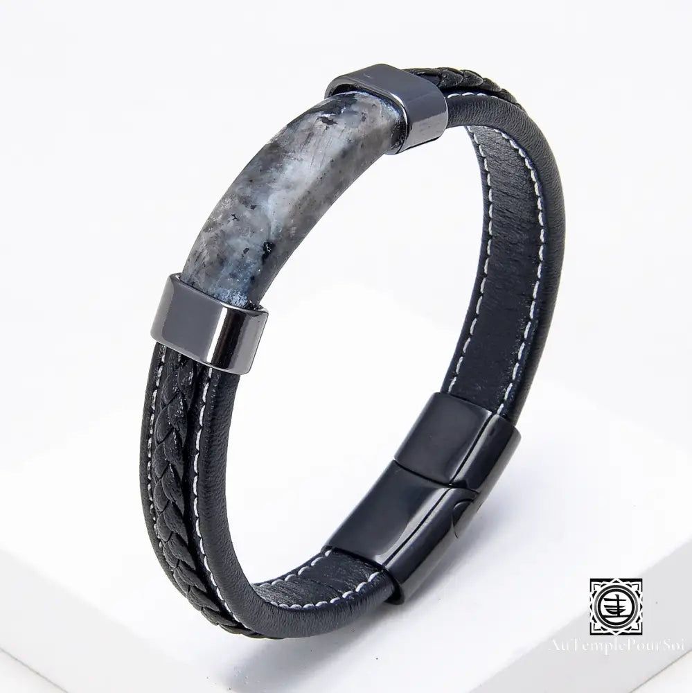 Bracelet en cuir tressé noir pour hommes, pierre naturelle de luxe, lithotherapie, bijoux