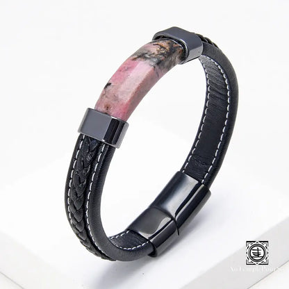 Bracelet en cuir tressé noir pour hommes, pierre naturelle de luxe, lithotherapie, bijoux