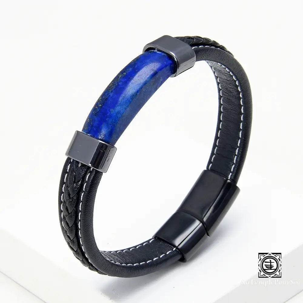 Bracelet en cuir tressé noir pour hommes, pierre naturelle de luxe, lithotherapie, bijoux