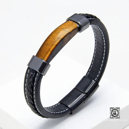 Bracelet en cuir tressé noir pour hommes, pierre naturelle de luxe, lithotherapie, bijoux