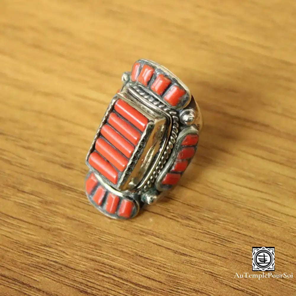 ’Brillance De Bodnath’ - Anneau Tibétain En Cuivre Et Corail Rouge Bague - Tibet