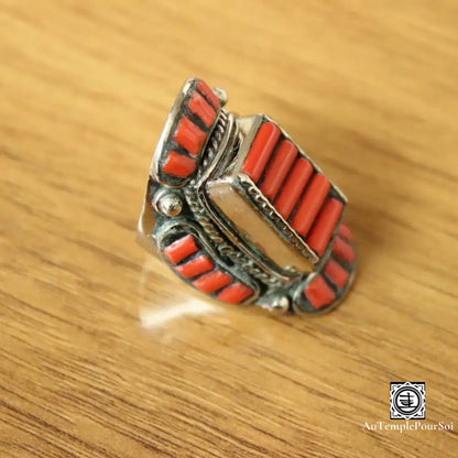 ’Brillance De Bodnath’ - Anneau Tibétain En Cuivre Et Corail Rouge Bague - Tibet