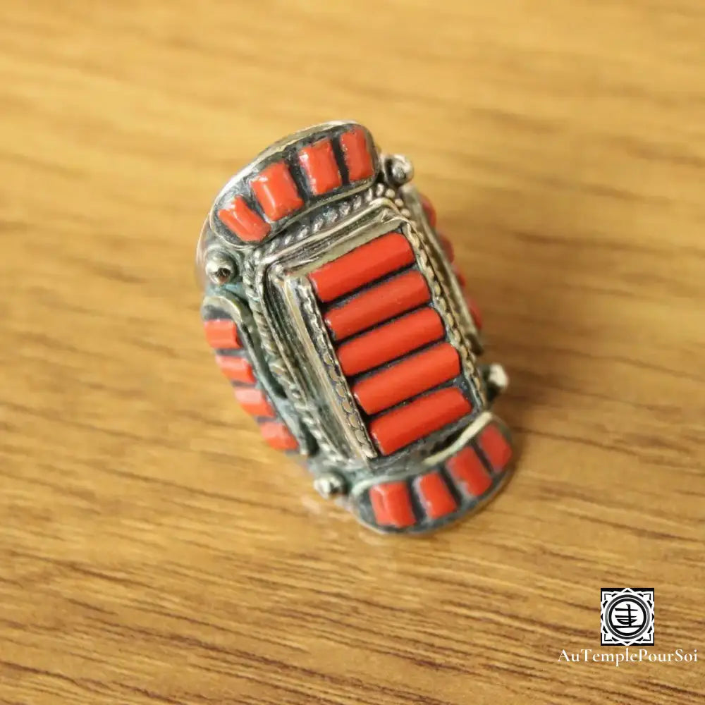 ’Brillance De Bodnath’ - Anneau Tibétain En Cuivre Et Corail Rouge Bague - Tibet