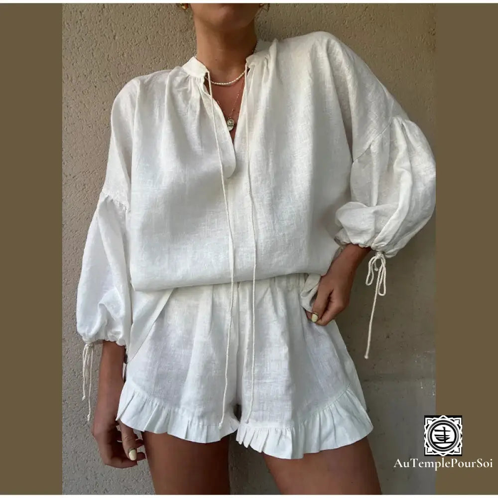 ’Brise Marine’ Ensemble De Plage Décontracté – Top Col V Et Short À Volants Ensemble-Femme