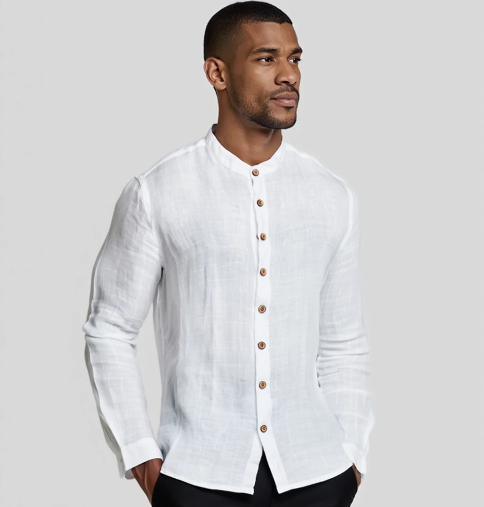 "Méditation Zen" chemise en lin à manches longues avec col Mao