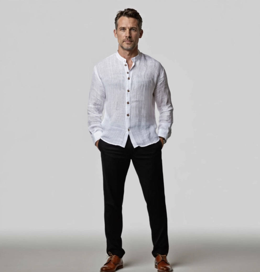 "Méditation Zen" chemise en lin à manches longues avec col Mao