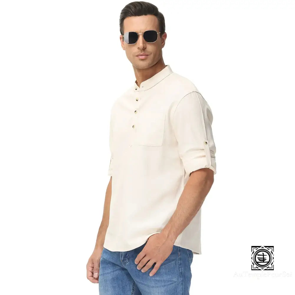 Chemise En Lin À Col Mao Et Manches Relevables Pour Homme – Style Décontracté Estival Chemise-Lin