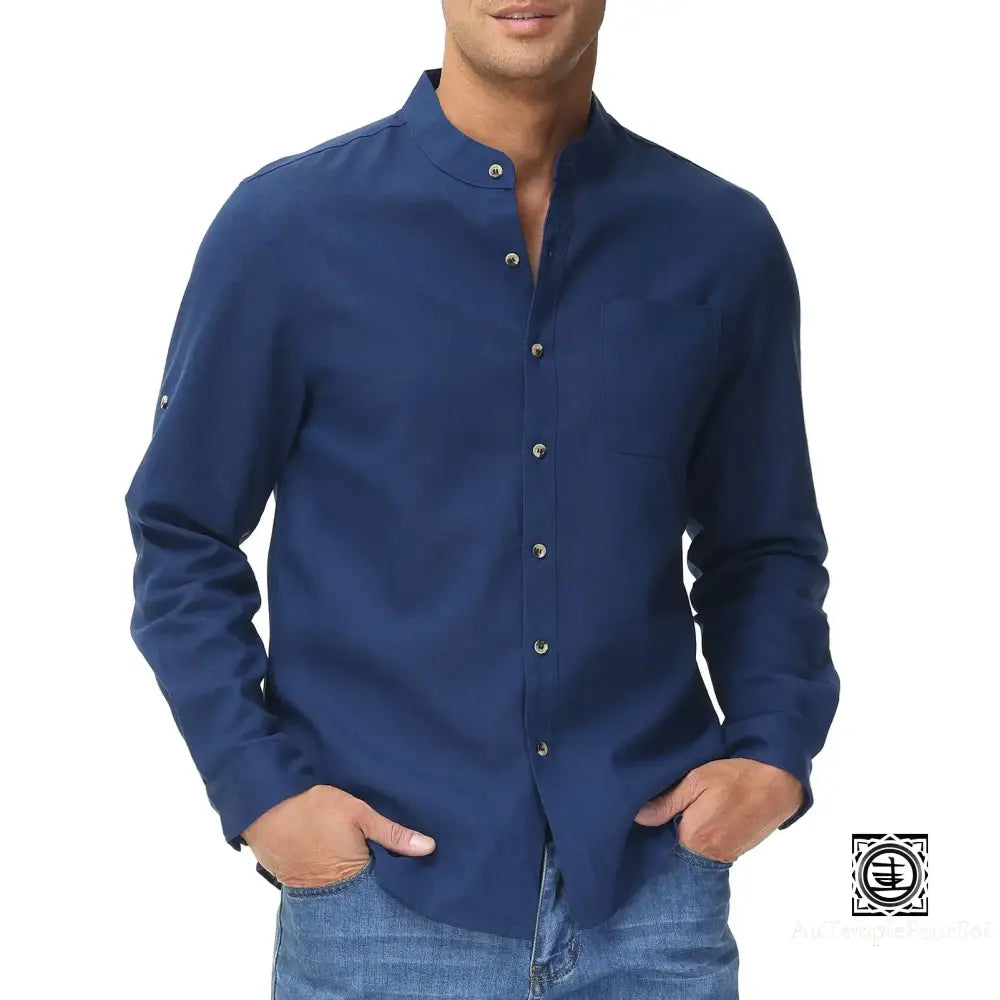 Chemise En Lin À Col Mao Et Manches Relevables Pour Homme – Style Décontracté Estival Chemise-Lin